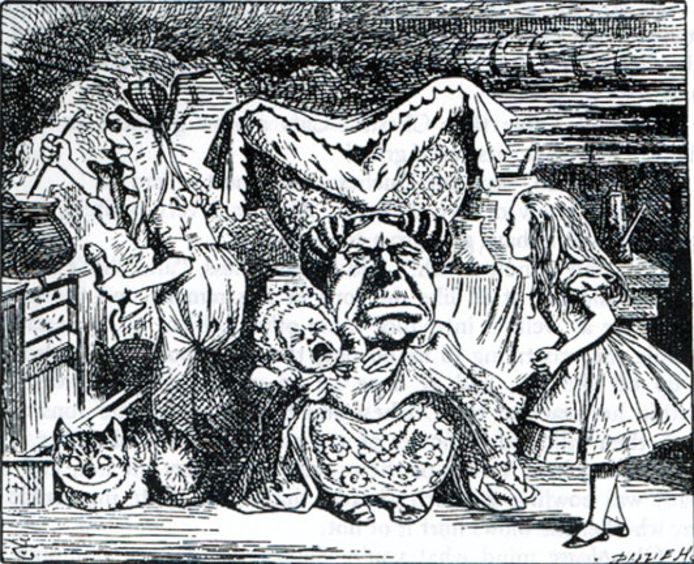 Tekening van artiest Sir John Tenniel voor Alice in Wonderland van Lewis Carroll.
