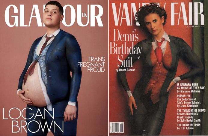 Links: Logan Brown op de cover van Glamour in 2023. Rechts: Demi Moore op de cover van Vanity Fair in 1992.