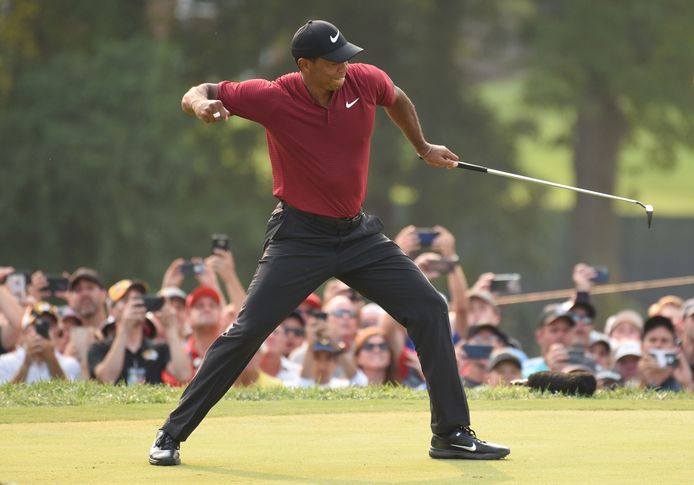Tiger Woods is dolblij met zijn tweede plaats.