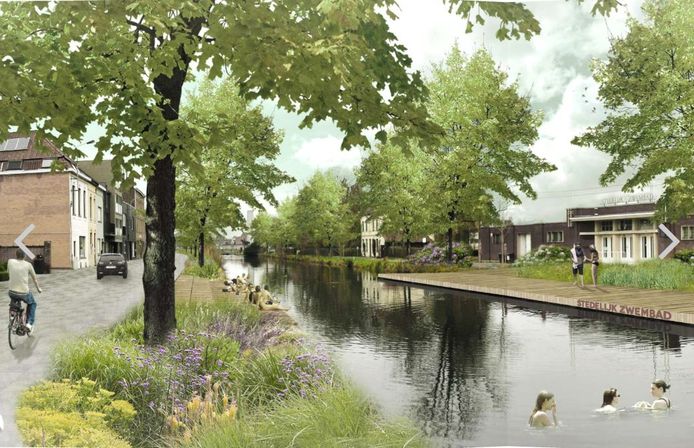 Het kanaal, nabij het beschermde openluchtzwembad in de Abdijkaai in Kortrijk, wordt mogelijk ingericht als een waterpark, met zwemzone.