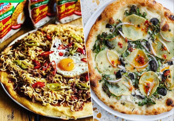 Pizza met noedels  / Pizza met patatjes