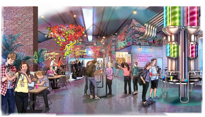 Ontwerp van de World Food Center Expericene. Uiteraard kan er ook lekker gegeten worden in de attractie.
