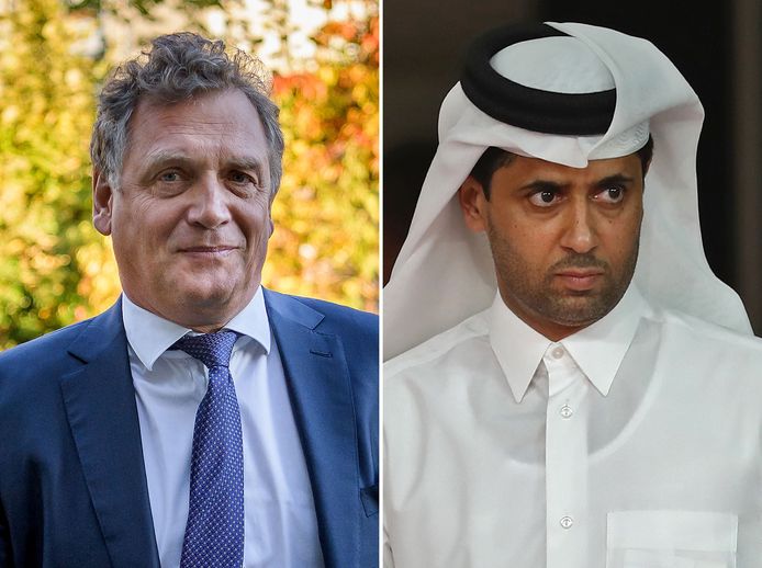 Het Zwitserse gerecht heeft PSG-voorzitter Nasser Al-Khelaïfi (r) en voormalig FIFA-topman Jérôme Valcke (l) in staat van beschuldiging gesteld wegens corruptie