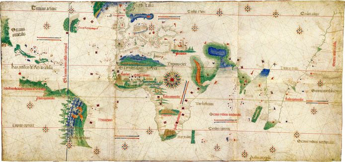 Op deze kaart, de Cantino-planisfeer, staat de Afrikaanse kust realistisch afgebeeld. De nauwkeurigheid staat op gespannen voet met de kennis van toen.