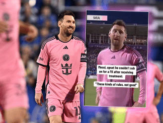 Lionel Messi richt zich tijdens de wedstrijd tot camera om onvrede over nieuwe spelregel te uiten