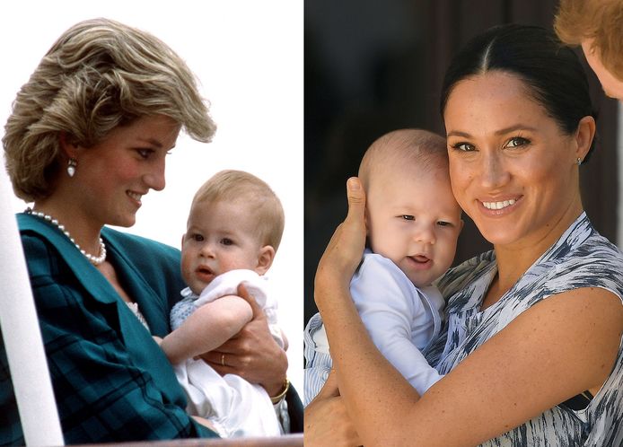 Prinses Diana met de kleine Harry (links), Meghan met Archie (rechts)