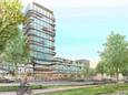 Impressie van het vernieuwde winkelcentrum Kronenburg in Arnhem, met plaats voor een hoge woontoren.