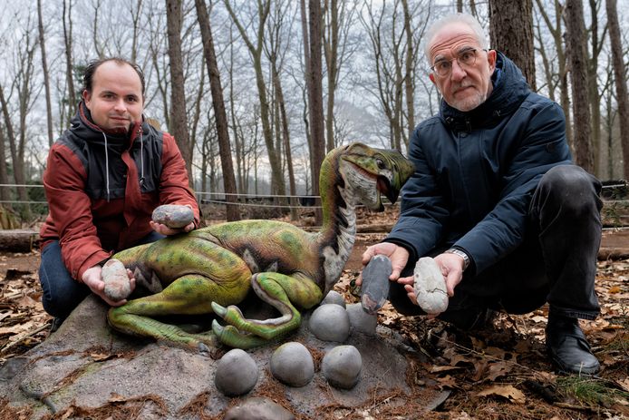 René Fraaije (rechts) en conservator Jonathan Wallaard van het Boxtelse Oertijdmuseum met de dino-eieren. Zij zitten voor een  replica van een oviraptor.