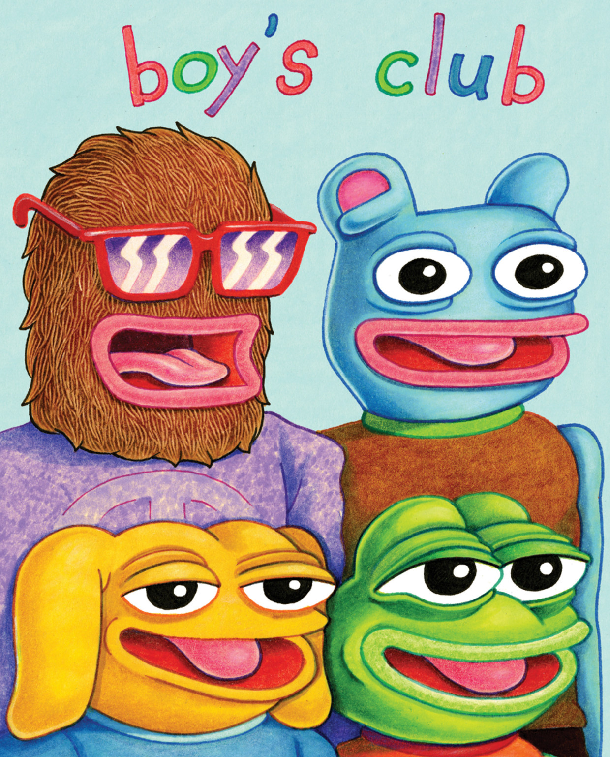 De stripfiguren uit Boy's Club, met rechtsonder Pepe. Beeld Matt Furie