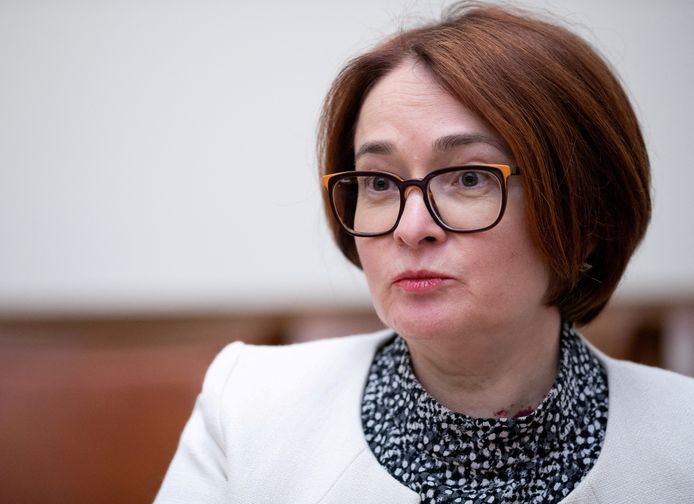 Elvira Nabioellina, het hoofd van de Russische Centrale Bank, staat nu ook op de sanctielijst.