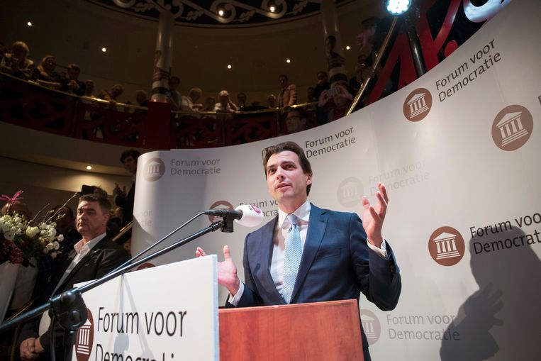 Thierry Baudet tijdens zijn overwinningsspeech in Zeist. Beeld Werry Crone