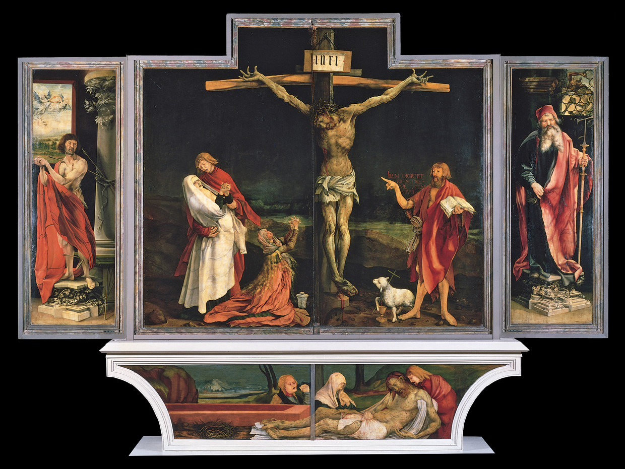 Matthias Grünewald, het altaarstuk van Isenheim (tussen 1509 en 1515), olie op een paneel van 269 centimeter breed en 307 centimeter hoog. Beeld 