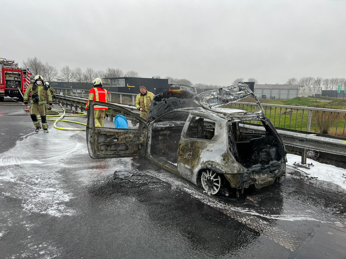 Auto brandt volledig uit op E40 koppel samen met twee honden naar