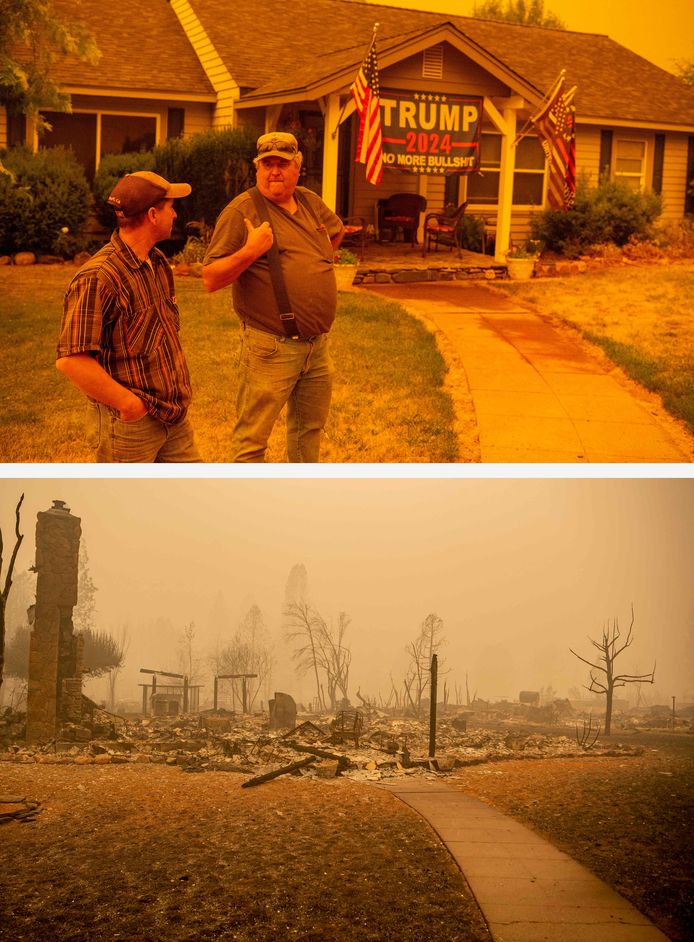Huiseigenaar Jerry Whipple in gesprek met zijn buurman op 23 juli (boven) over de dreigende branden en ná de verwoestende brand, afgelopen weekend in Greenville, Californië.