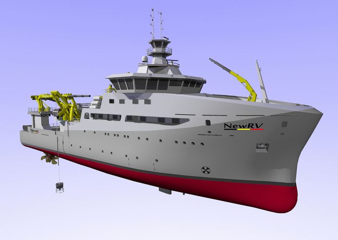 Een met de computer gemaakte illustratie van het nieuwe onderzoeksschip.