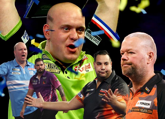 WK Darts, in december weer met elf Nederlanders, onder wie titelverdediger Michael van Gerwen en, vlnr, Vincent van der Voort, Jelle Klaasen, Jermaine Wattimena en Raymond van Barneveld.