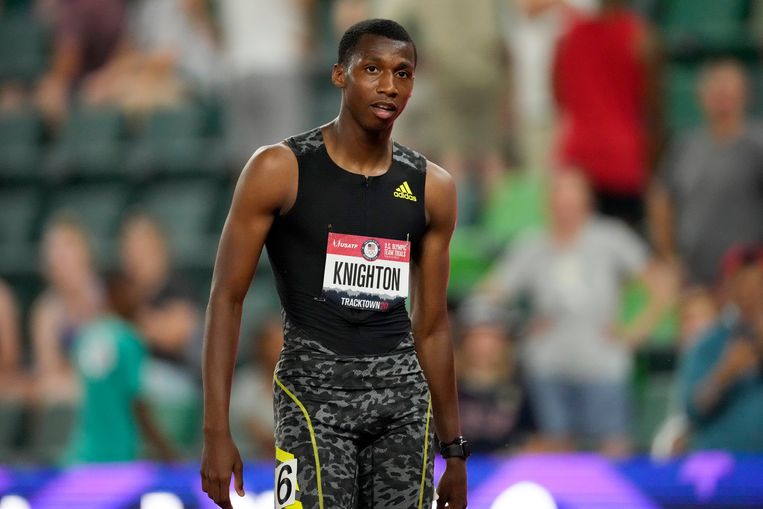 Erriyon Knighton tijdens een meeting in Eugene, Oregon, in 2021. Beeld AP