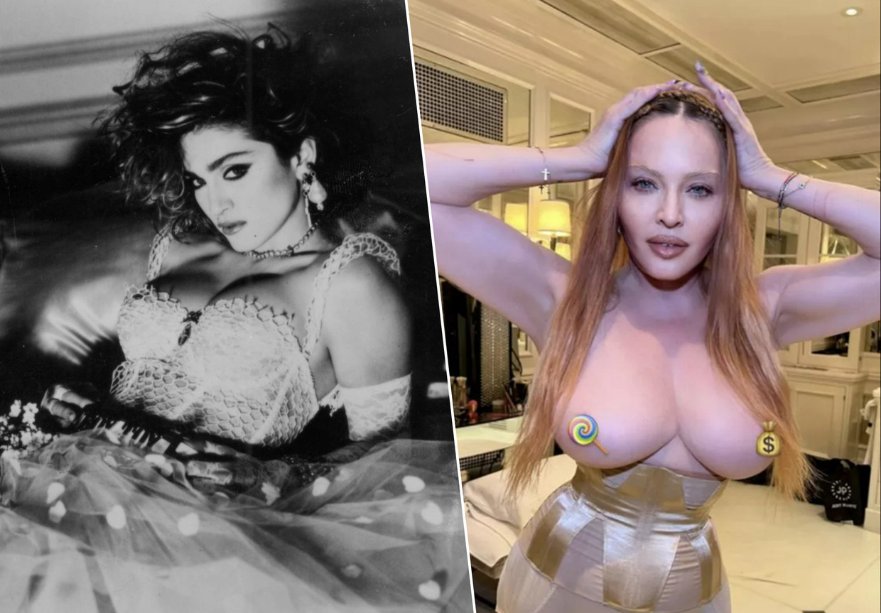 Madonna, links ten tijde van Like a virgin, rechts anno 2022 op Instagram. Beeld KOS/Instagram