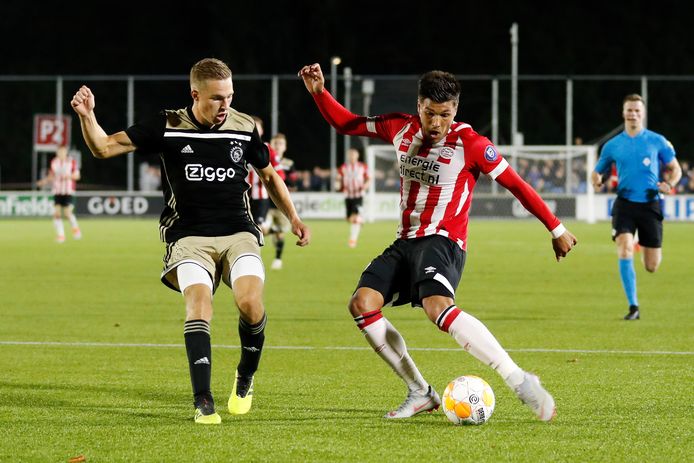 Spelen op het tweede niveau was voor spelers van Jong PSV en Jong Ajax goed voor hun ontwikkeling. Zo liet Joël Piroe (rechts, in duel met Boy Kemper van Ajax) zich vaak gelden bij Jong PSV. Onlangs werd zijn contract verlengd tot 2022.