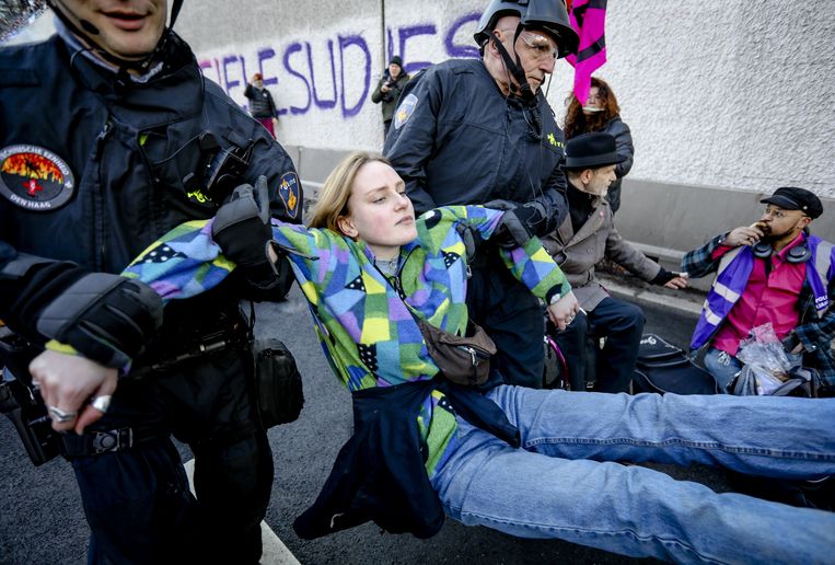 Police intervene during the blockade of the A12 by climate action group Extinction Rebellion in The Hague, January 28.  ANP image