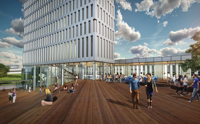 De eerste verdiepingen van het nieuwe hotel krijgen horeca die, net als het bijbehorende terras, ook is bedoeld voor bezoekers. Beeld Concrete Architects