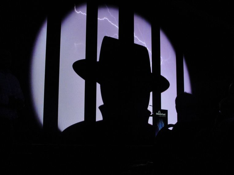 Het logo van Black Hat op een muur in Las Vegas Beeld afp
