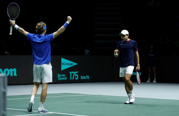 Aslan Karatsev en Andrej Roeblev vieren de overwinning op de Russen.