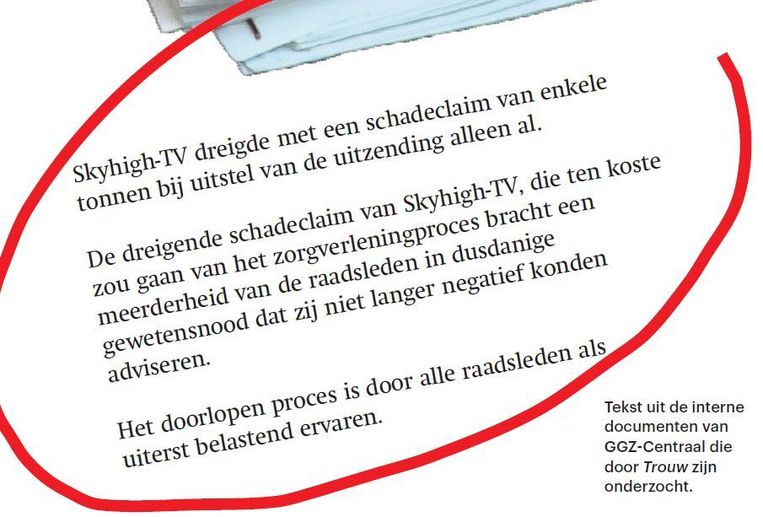 Tekst uit de interne documenten van GGZ-Centraal die door Trouw zijn onderzocht. Beeld  