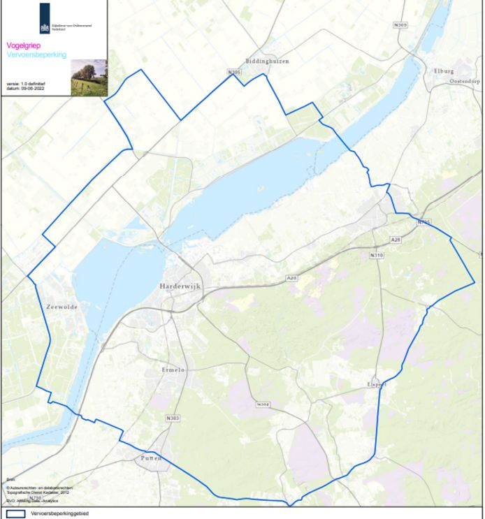 De tienkilometerzone van Hierden waarbinnen een vervoersverbod geldt.