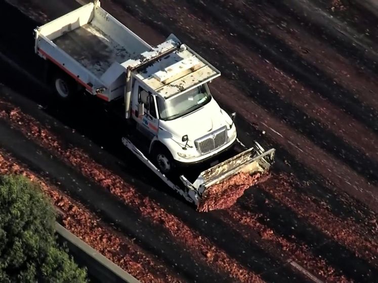 Verloren lading vlees laat spoor achter op snelweg in VS