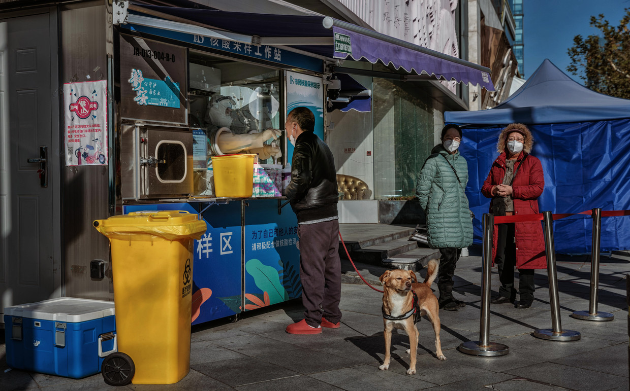 Inwoners van Shanghai laten een PCR-test afnemen in een testkiosk op straat. De stad wordt momenteel geconfronteerd met hoge besmettingsaantallen.  Beeld ANP / EPA