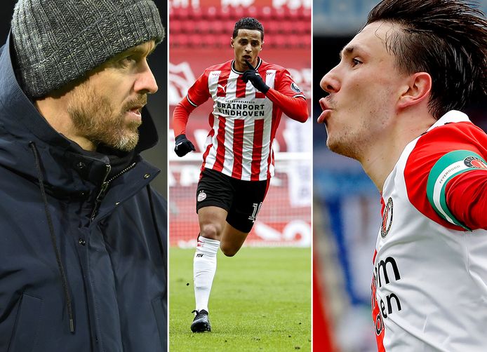 Vlnr: Erik ten Hag, Mo Ihattaren en Steven Berghuis.