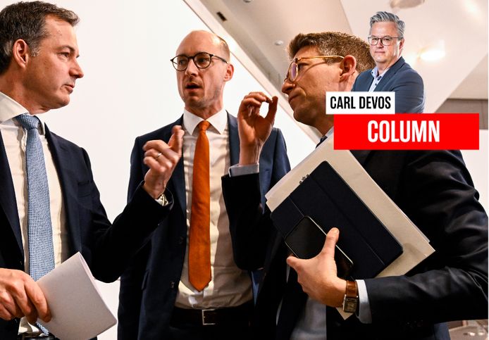 Premier Alexander De Croo (Open Vld), samen met ministers Vincent Van Peteghem (CD&V) en Pierre-Yves Dermagne (PS).