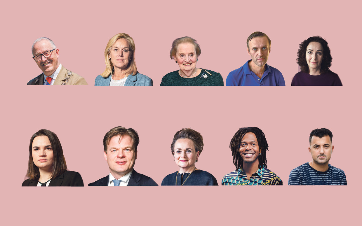 Vanaf linksboven met de klok mee: Ahmed Aboutaleb, Sigrid Kaag, Madeleine Albright, Aleksej Navalny, Femke Halsema, Öczan Akyol, Jeangu Macrooy, Alexandra van Huffelen, Pieter Omtzigt en Svetlana Tichanovskaja. Beeld 
