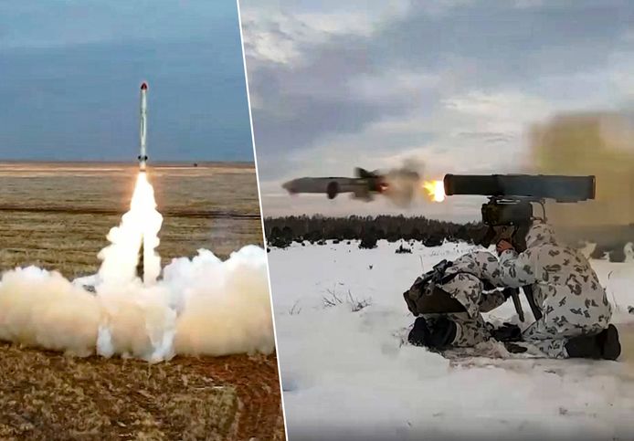 Links: Russisch Iskander-raketsysteem. Rechts: Russische soldaten nemen deel aan oefeningen in Wit-Rusland in december 2022.