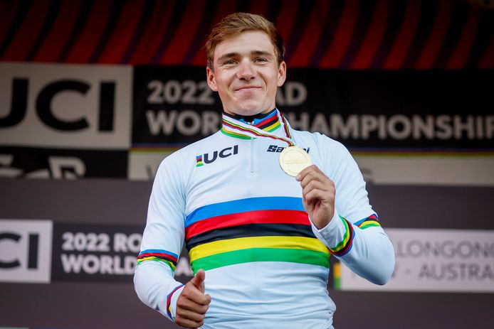 Remco Evenepoel, na zijn overwinning als wereldkampioen zondag.