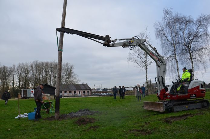 De ooievaarspaal werd geplaatst op het domein van kaatsvereniging de Amusanten aan de Fonteinstraat.
