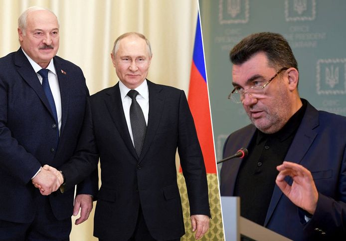 Fotomontage. De Wit-Russische president Aleksander Loekasjenko met de Russische president Vladimir Poetin. Rechts de Oekraïense adviseur Oleksiy Danilov.