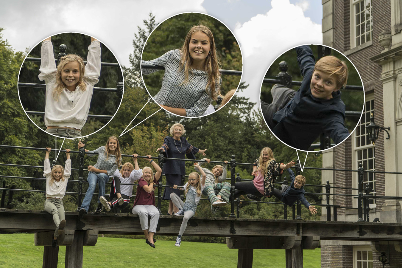 Koninklijke kleinkinderen met jarige oma op de brug, maar wie is wie? Foto tubantia.nl