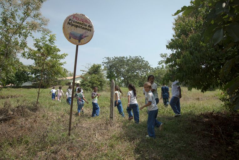Kinderen lopen langs een bord met een waarschuwing voor nijlpaarden. Beeld AP