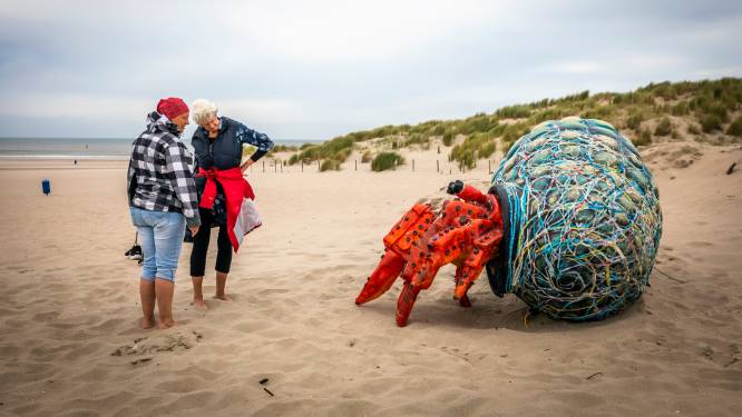 Reuzenkreeft van afval op het strand van Hoek van Holland: ‘Er zitten heel veel patatvorkjes in’