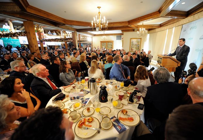 Rick Perry speecht tijdens de 'Politiek-en-Eieren'-bijeenkomst in New Hampshire.