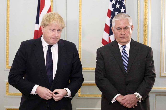 Brits buitenlandminister Boris Johnson en zijn Amerikaanse ambtgenoot Rex Tillerson.