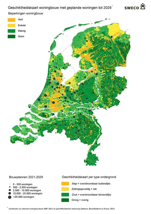 De gele gebieden zijn volgens de Deltacommissaris minder geschikt voor woningbouw