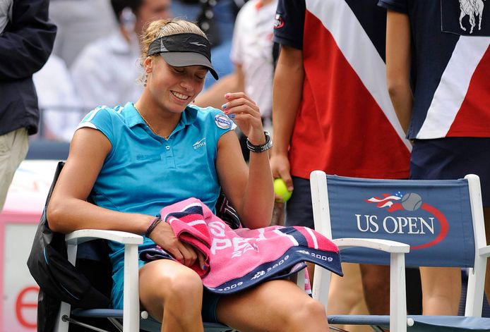 Wickmayer kan niet geloven dat ze Katerina Bondarenko geklopt heeft in de kwartfinales van de US Open 2009. Uiteindelijk zou Caroline Wozniacki in de halve finales te sterk zijn.