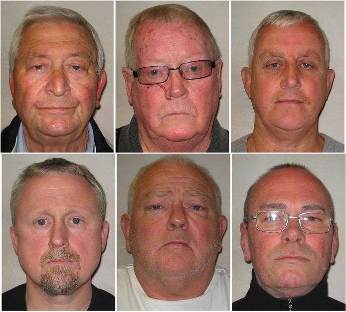 Op 14 january 2016 werden deze mannen aangehouden: Terry Perkins, John Collins en Daniel Jones (boven); Hugh Doyle, William Lincoln en Carl Wood (onder). Brian Reader staat hier niet bij.