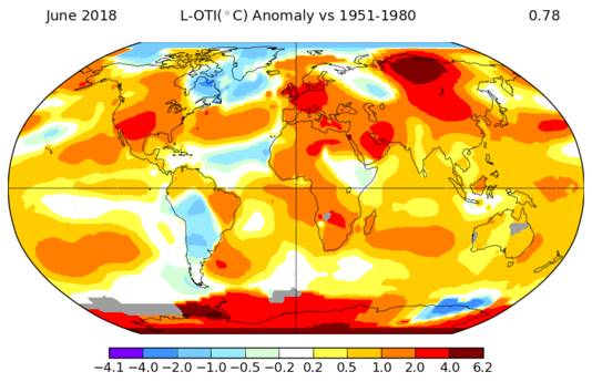 De temperatuurafwijking in de maand juni ten opzichte van het gemiddelde over de periode 1951-1980. Hoe roder het gebied, hoeveel warmer dan gemiddeld.