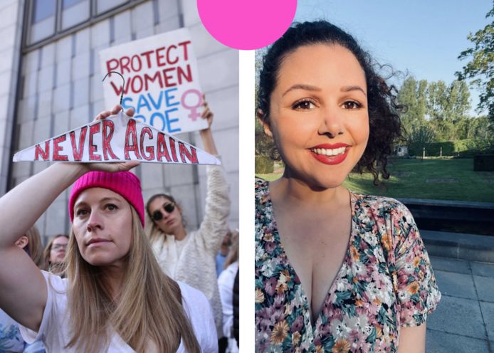 Links: betogers in San Fransisco, rechts: Eveline Martens.