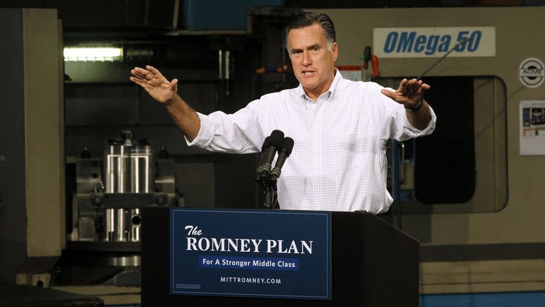 Mitt Romney tijdens een campagnespeech in Illinois. Beeld ap