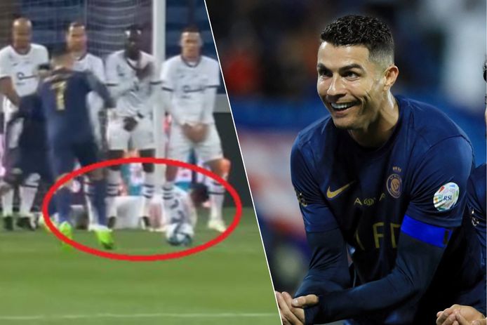 Ronaldo mikte de bal onder de muur en naast de muurligger.